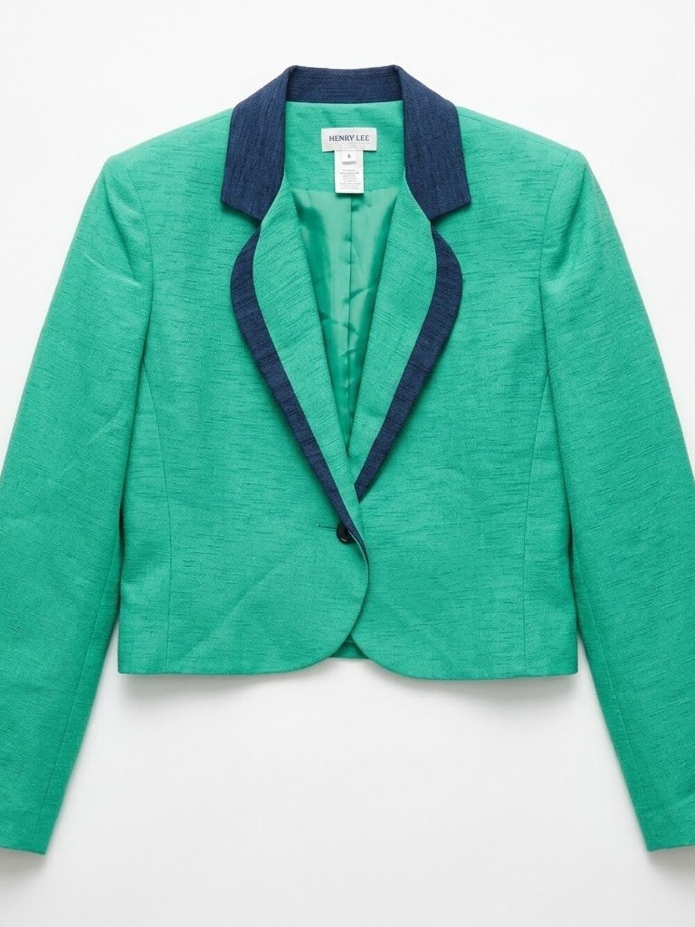 Henry Lee Vintage Size 8 Cropped Blazer Jacket Emerald Green Navy Blue Trim